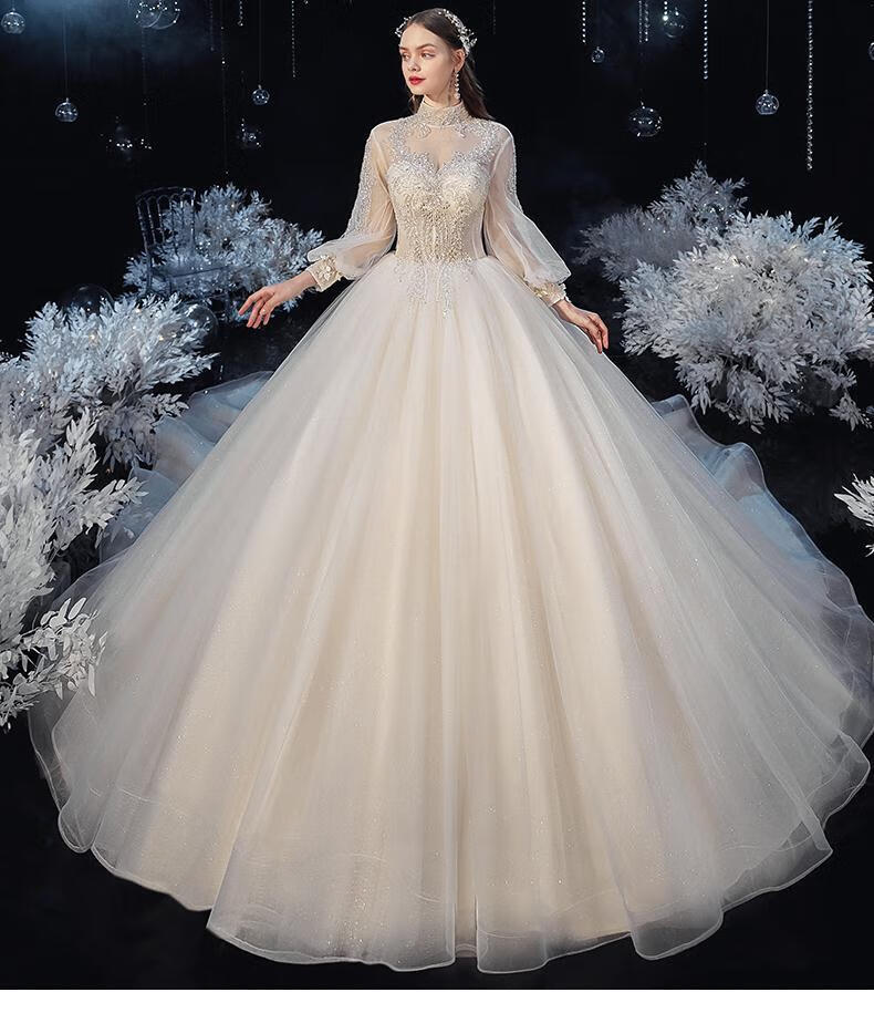 dx法式超仙婚纱礼服礼服2022新款长袖重工显瘦气质大拖尾复古风梦幻女