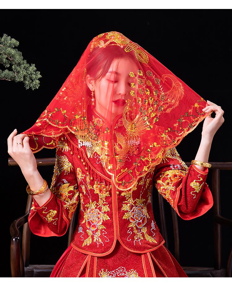 红盖头新娘新娘红盖头结婚复古刺绣软头纱秀禾服喜帕中式婚礼红色蒙
