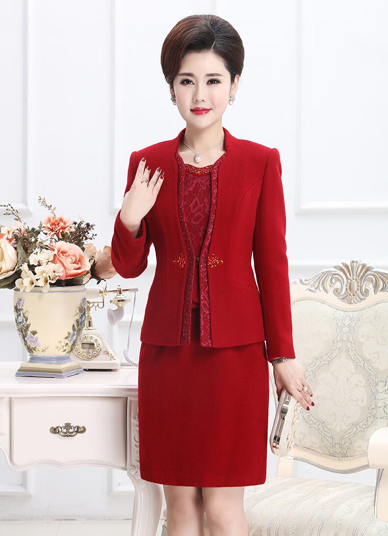 结婚妈妈装喜婆婆婚宴高贵春秋礼服婚礼妈妈装套装2020冬装连衣裙两件