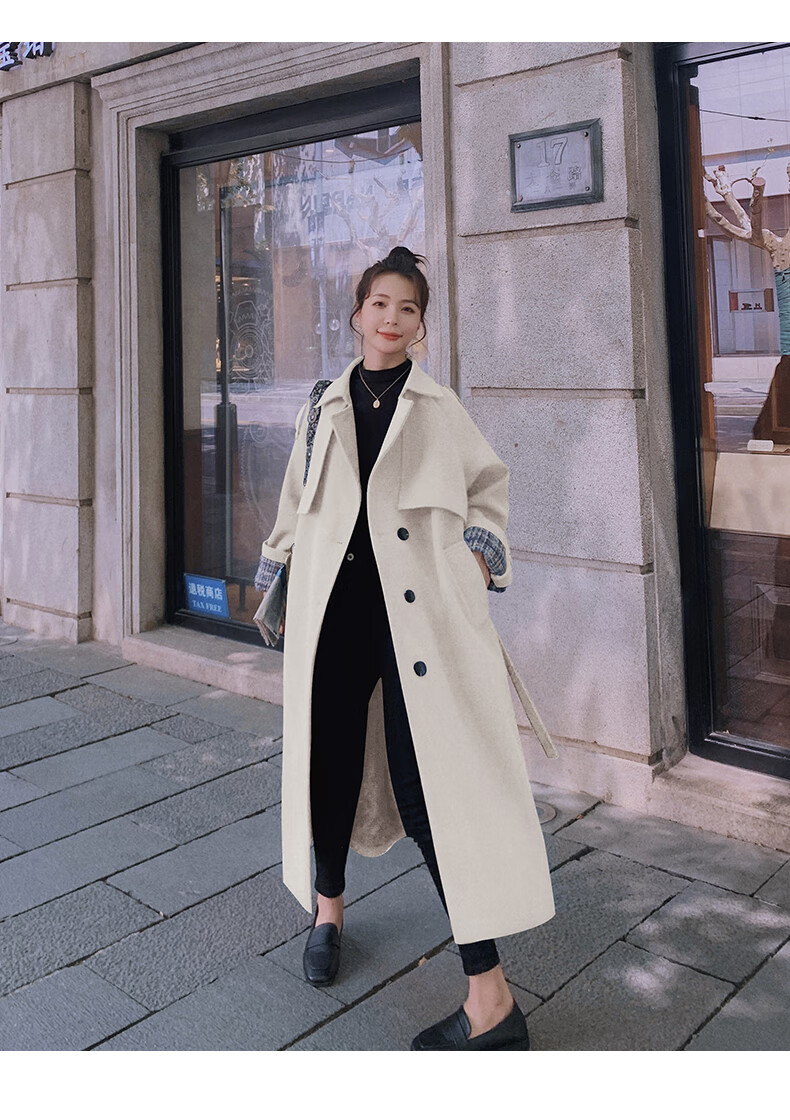 赫本风毛呢大衣女年中长款气质韩版宽松过膝冬季外套百搭米色xs