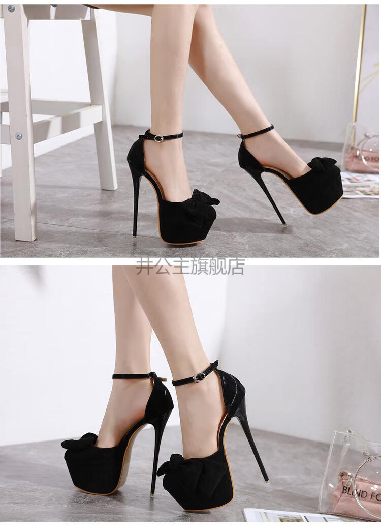 伪娘恨天高夏超高跟细跟16cm鱼嘴单鞋性感走秀钢管舞女鞋大码 黑色 34