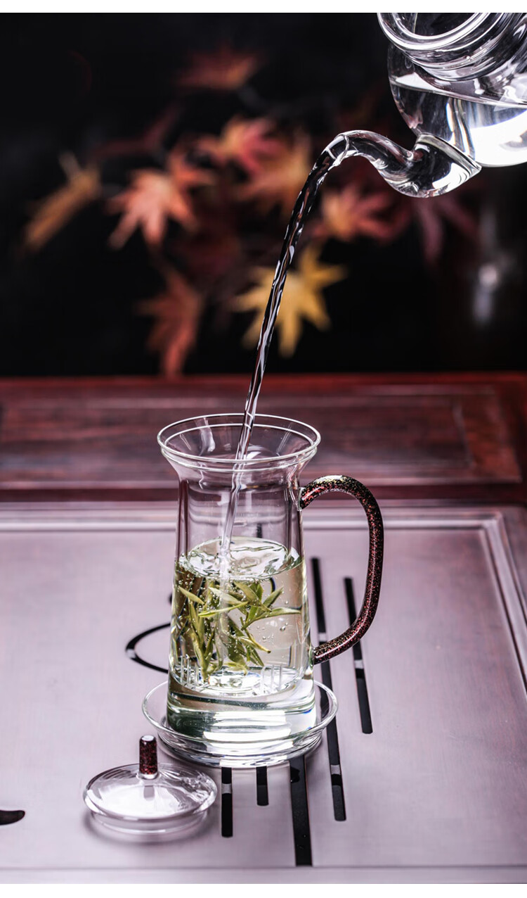 禾器玻璃茶杯大号泡龙井绿茶玻璃杯茶水分离带盖办公室杯子 黑金大号