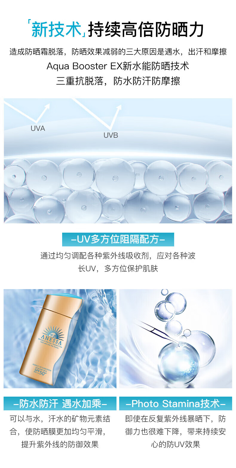安热沙（Anessa）小金瓶防晒霜乳SPF50+男女士学生军训可用儿童防水防汗耐摩擦 小金瓶霜60ml-1瓶