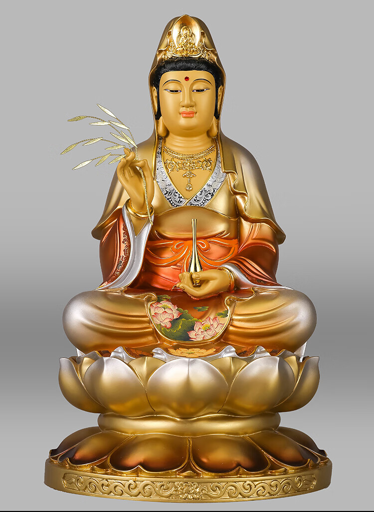 台湾纯铜彩绘观音佛像供奉家用观世音菩萨摆件居家客厅佛堂供佛48cm坐