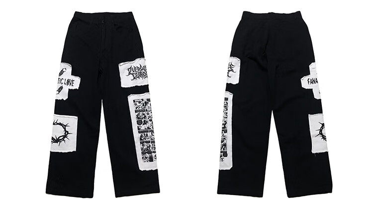 tf国潮漫画贴布休闲裤子原宿风痞帅慵懒风坠感高街工装裤 黑色 m