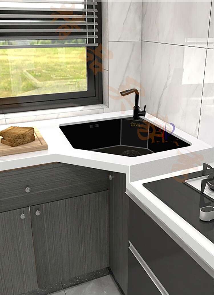 科勒京 黑金钢纳手工转角水槽厨房拐角洗菜盆异形水槽台下水池 原色