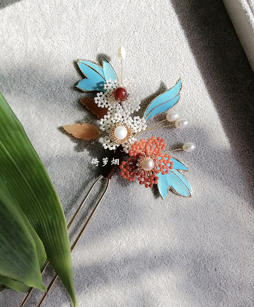南红发簪倚萝烟原创设计南红辑珠仿点翠国风发簪发钗汉服配饰头饰簪子