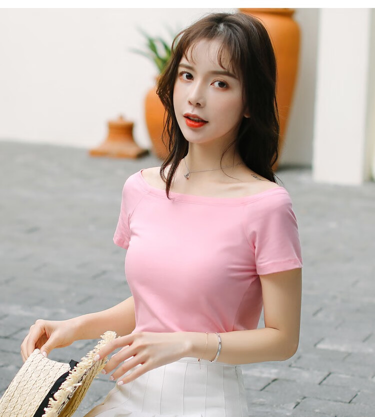 60露肩一字肩上衣女生季一字领半袖短款性感紧身小众锁骨t恤女短袖