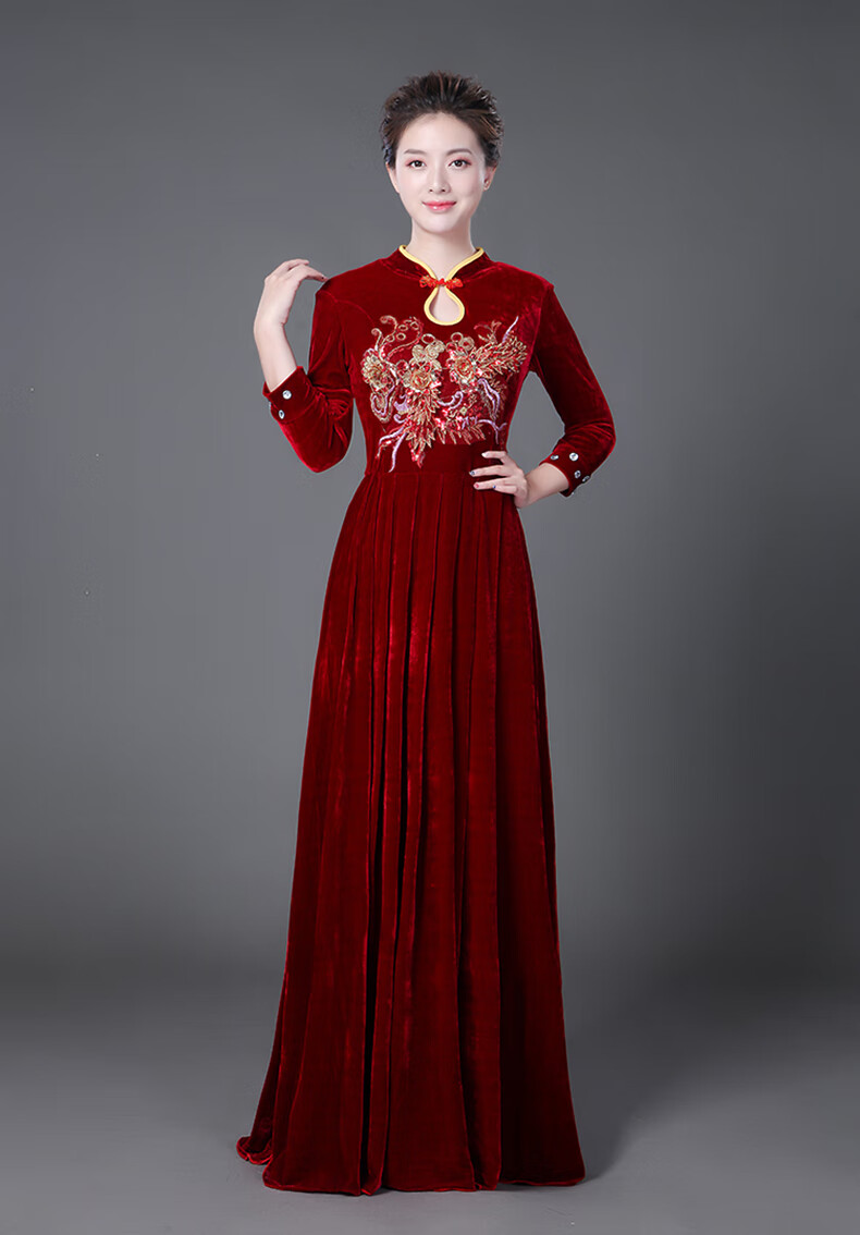 独唱演出服女大合唱演出服女长裙晚礼服成人连衣裙诗歌诵中老年合唱服
