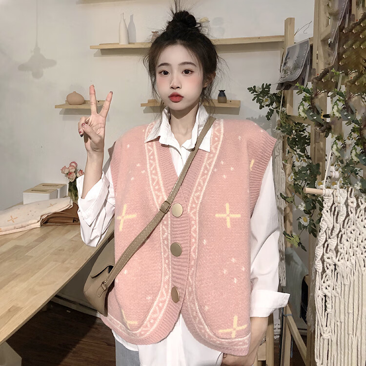 设计感小众日系甜美粉色毛衣马夹外套无袖针织衫马甲上衣女 xz 白衬衫