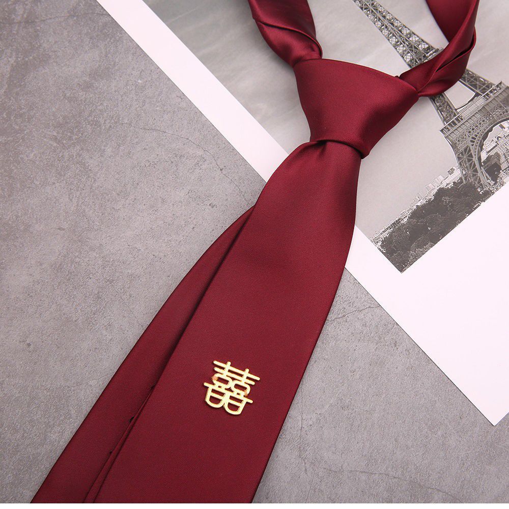 工厂直供恒源祥领带男结婚酒红色新郎伴郎婚庆手打镶喜字韩版潮流004