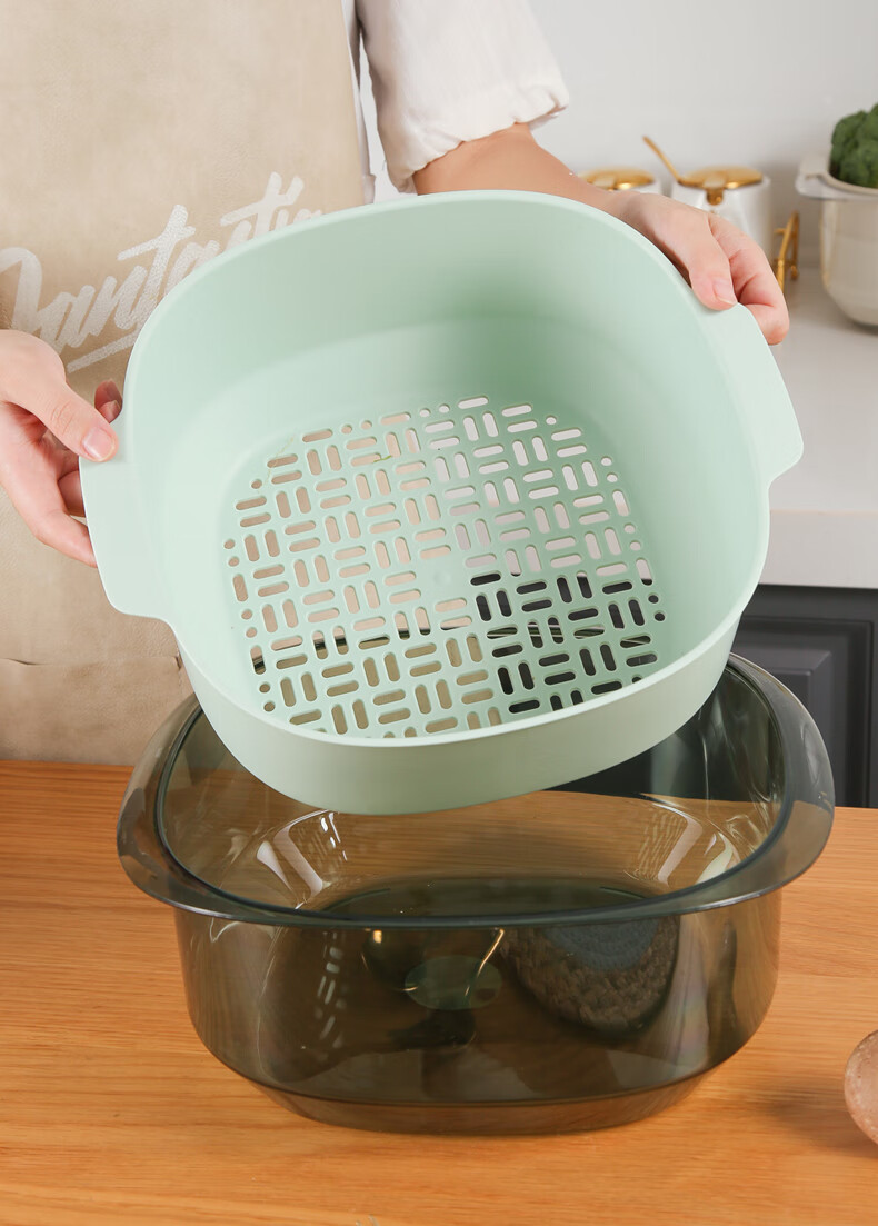 2022新款双层果蔬沥水篮双层洗菜盆沥水篮家用菜篮洗水果蔬菜蓝客厅