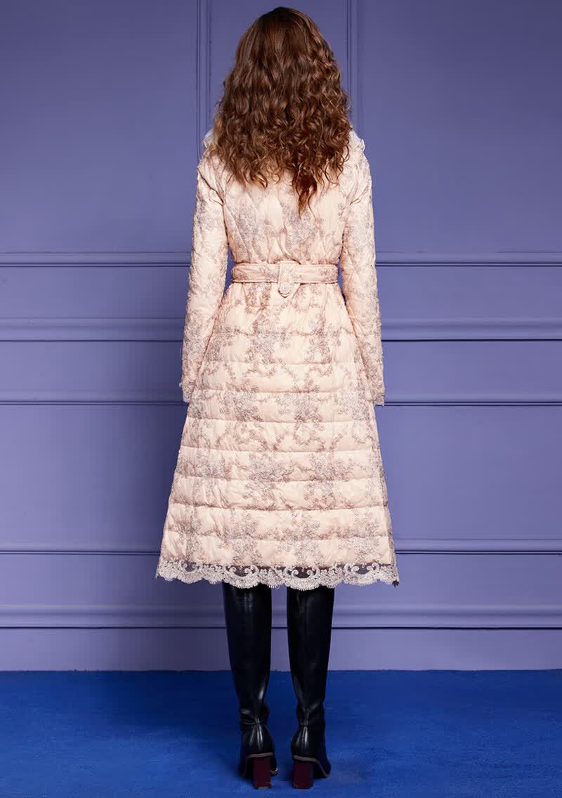 菲梦伊羽绒服女中长款秋冬装轻薄时尚保暖绣花狐狸毛领白鸭绒外套咖啡