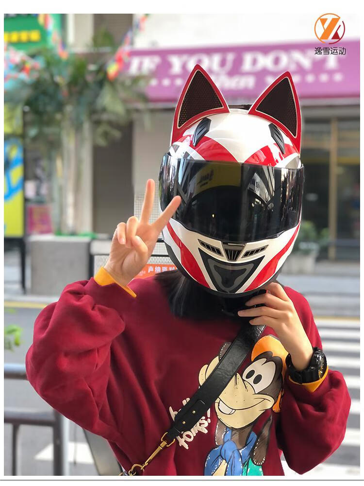 可爱摩托机车全包头盔3c认证猫耳头盔女生摩托车全盔机车蝴蝶结骑士网