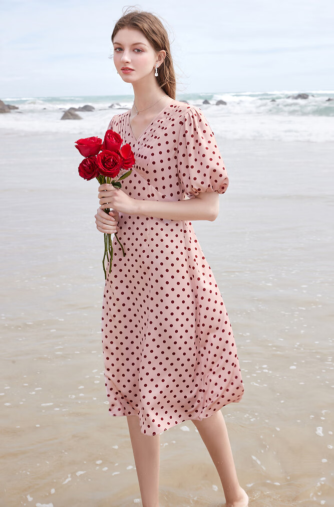 波点连衣裙女v领灯笼袖中长裙印花高腰复古波点连衣裙女粉红16588al