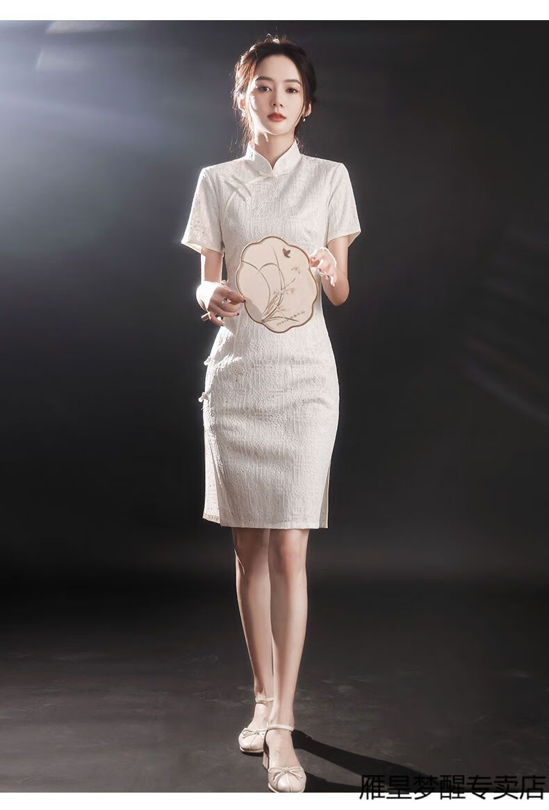 香港雁皇yeshon白色旗袍新款夏季素雅复古蕾丝年轻款少女改良版短款