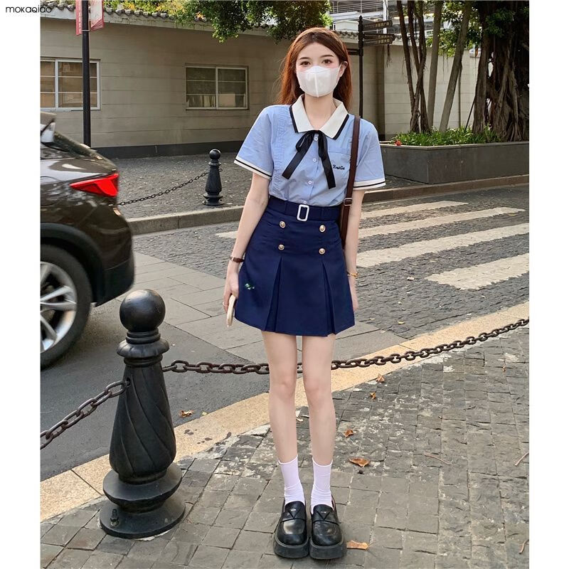 穿搭甜美小个子学院风jk制服衬衫裙子套装2022夏季新款浅蓝色上衣l