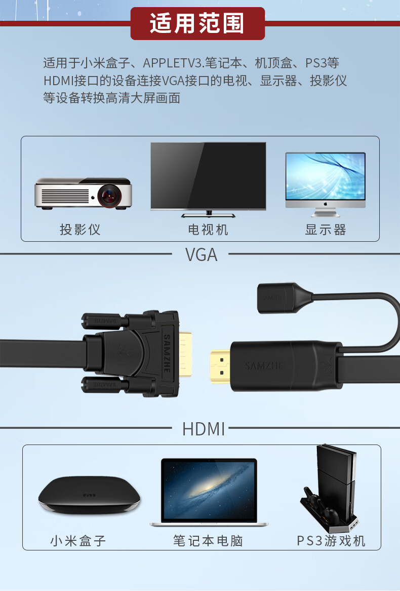 hdmi轉vga線高清轉換器電腦連接顯示器電視投影儀轉接頭扁線黑色扁線3