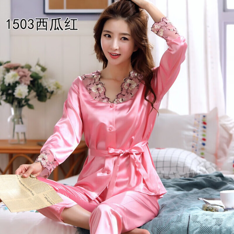 待婉 赢夫人睡衣女春秋长袖两件套装性感丝韩版薄款冰丝家居服冰丝