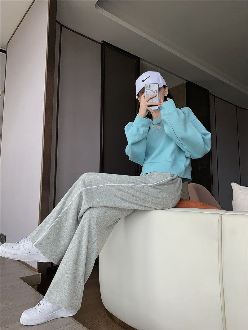 运动裤女春夏季2022新款灰色阔腿垂坠感宽松百搭潮流显瘦休闲直筒裤