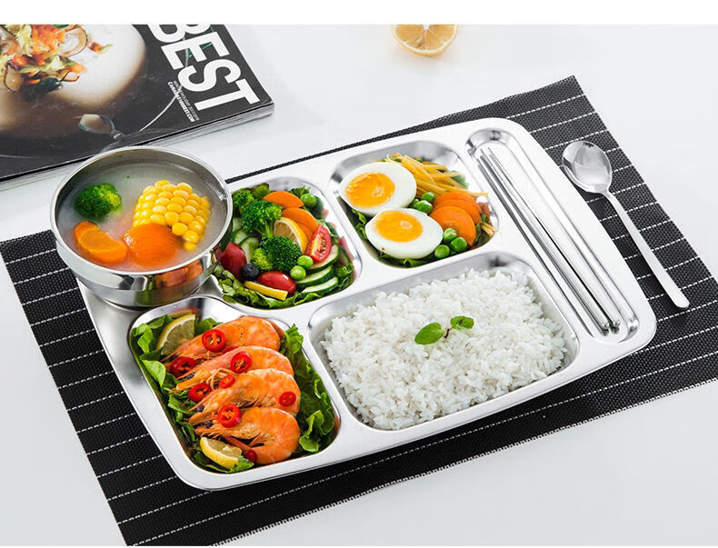 盘成人学生食堂分餐盘分格五格六格餐具无10厚食品级304大圆五格餐盘