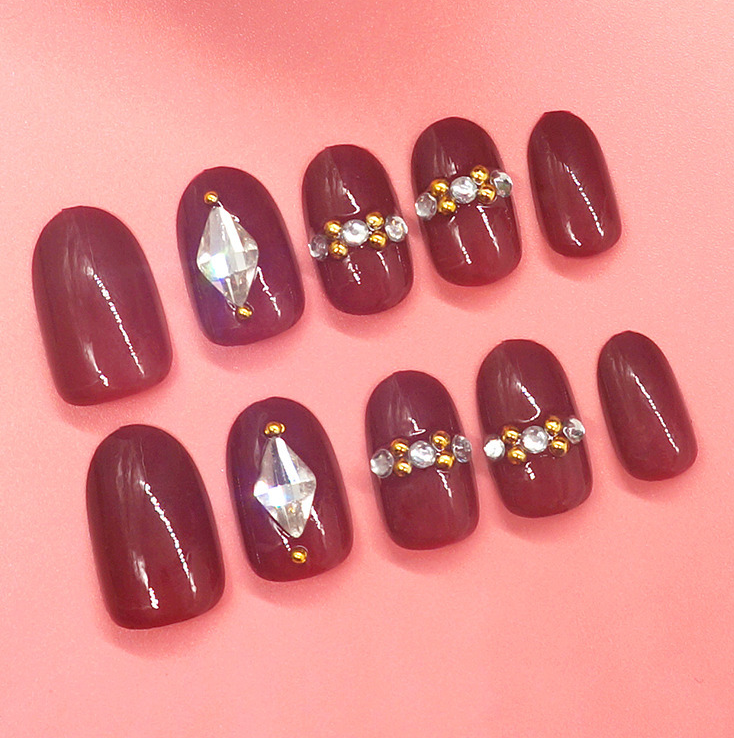 酒红色穿戴指甲甲片带钻美甲片成品可拆卸手指贴片果冻胶防水甲贴云朵
