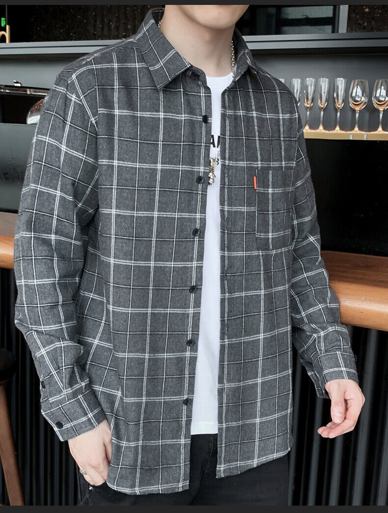 七匹狼集团swjeans品牌男装灰色衬衫男港风日系春秋长袖衬衣春季潮流