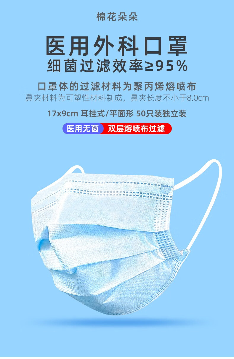 棉花朵朵无菌外科口罩儿童双层熔喷布过滤独立装4层防护蓝色男女一次