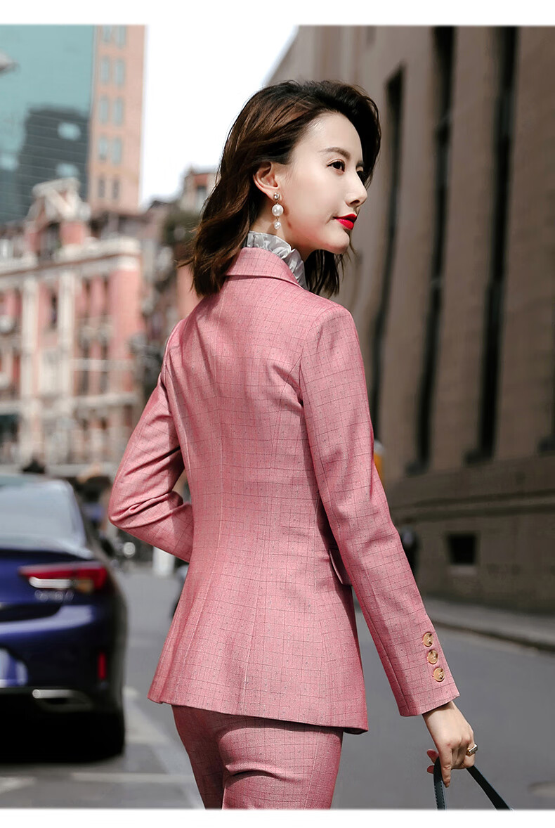 春季时尚气质格子两件套轻奢休闲轻奢西服ol粉色外套裤子s建议8090斤