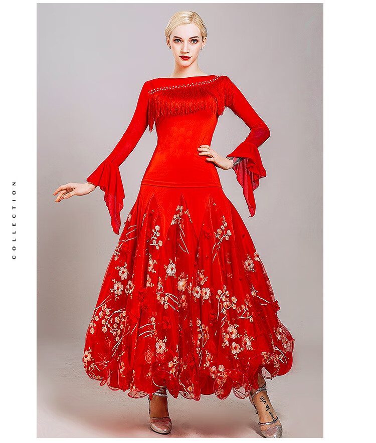 新款国标舞衣拉丁流苏小衫舞蹈演出服交谊舞练功服春秋女款上衣红色s