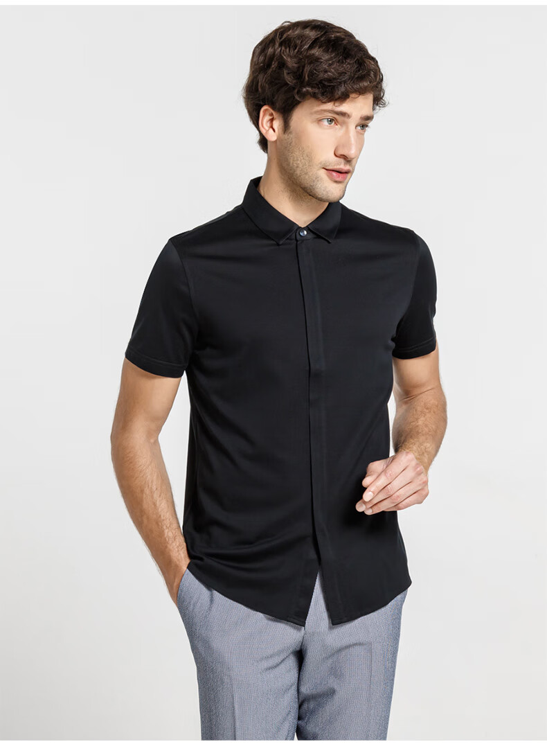 夏季亲肤舒适商务简约针织修身衬衣男士休闲短袖衬衫【a】 黑色-99 l