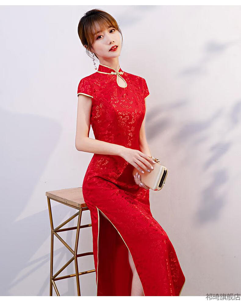礼仪接待旗袍迎宾小姐服颁奖礼服红色长袖走秀外嫁女回娘家长款斜肩结