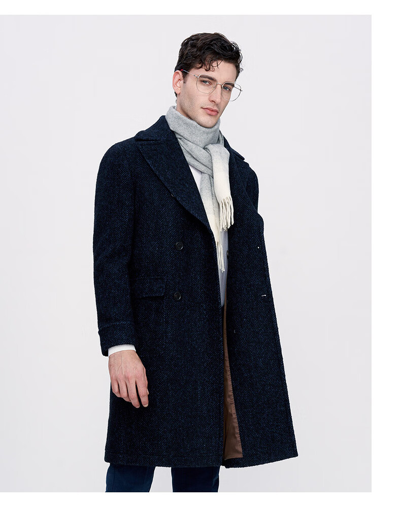 jodoll乔顿羊毛大衣男羊驼毛呢外套枪驳领中长款花纱感双排扣大衣 深