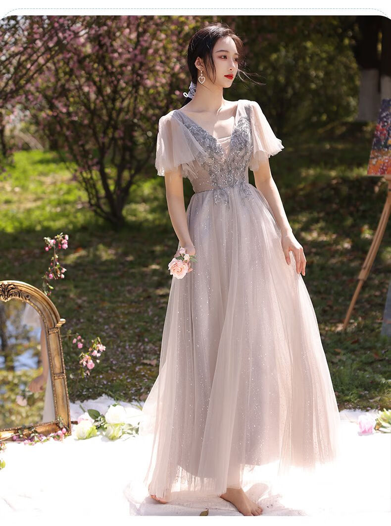 成人礼礼服女学生灰色伴娘服新款冬季姐妹团气质显瘦主持晚礼服艺考