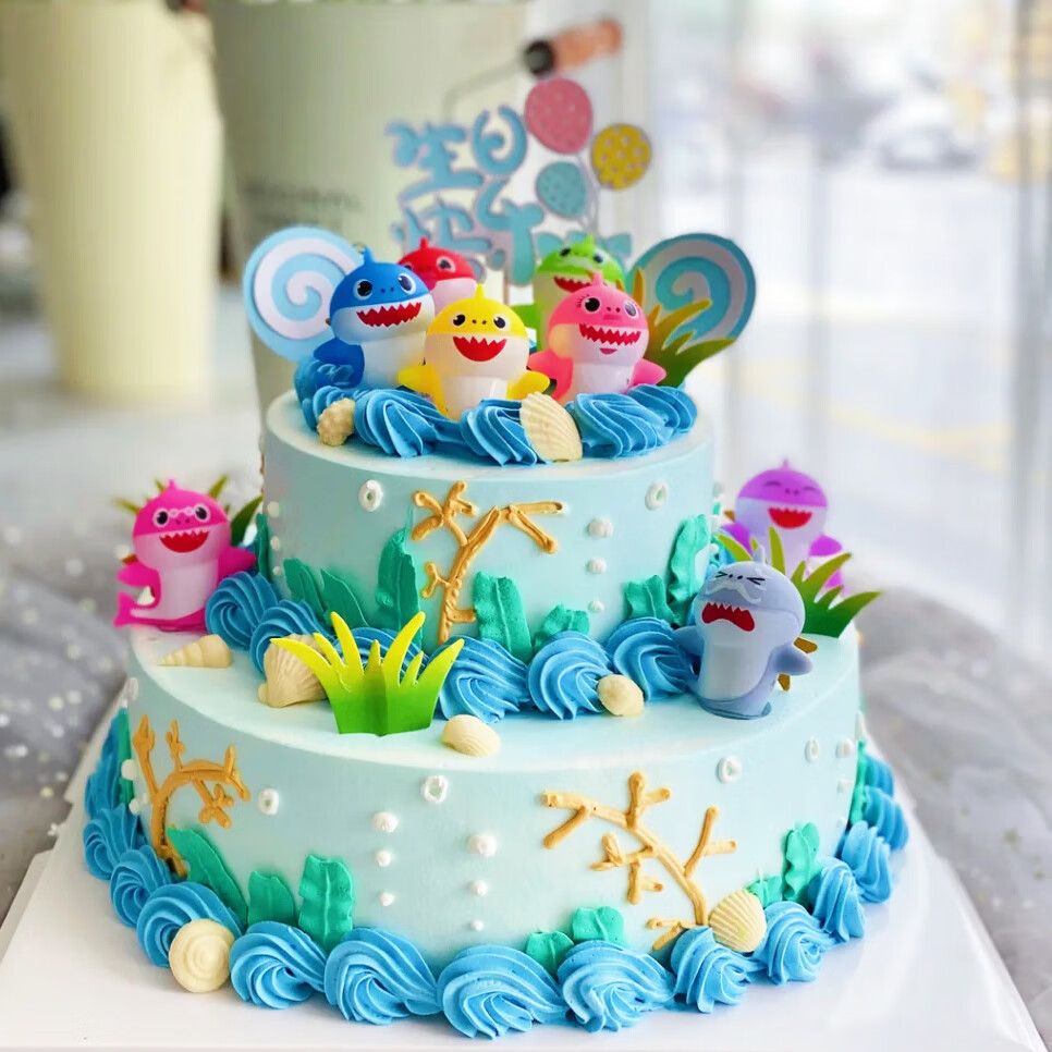 鲨鱼宝宝鲨鱼一家玩具 海底动物卡通小鲨鱼一家宝宝海洋生日蛋糕装饰