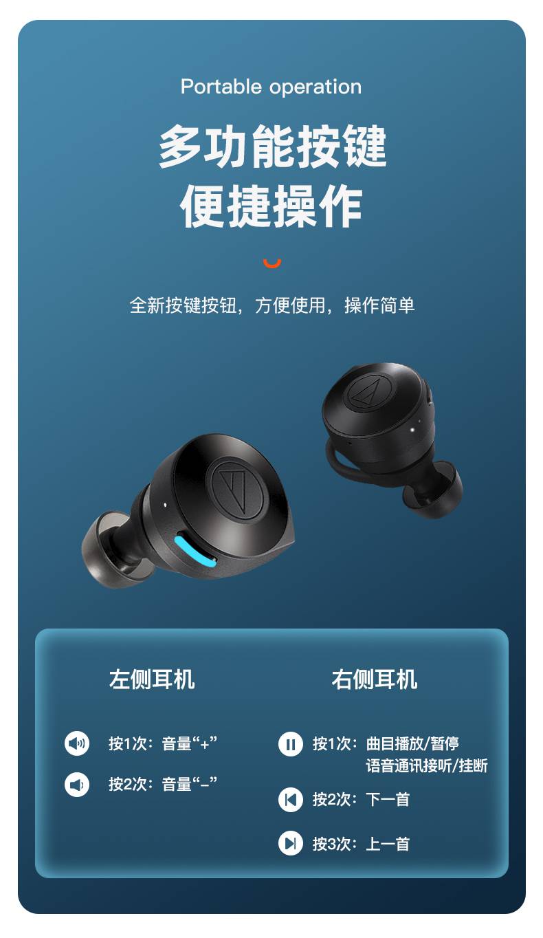 铁三角athcks5tw真无线蓝牙无线运动跑步重低音入耳式降噪耳机灰色