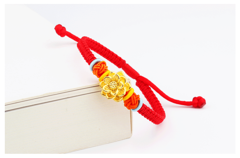 老凤祥款黄金手链足金3d硬金红绳莲花手工编织转运珠首饰红绳莲花手链