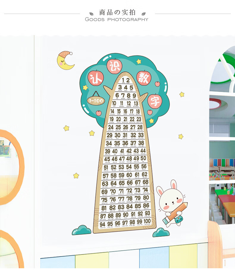 幼儿识数1-100数字认识贴纸自粘墙纸宝宝早教贴画儿童房装饰墙贴 数字