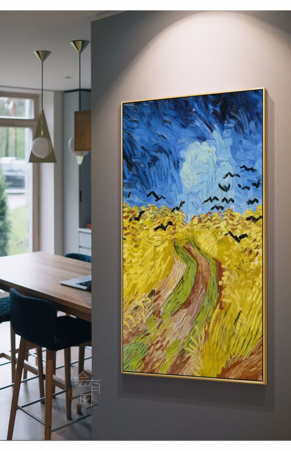入户玄关装饰画走廊现代油画壁画客厅北欧过道风景竖版梵高挂画图案