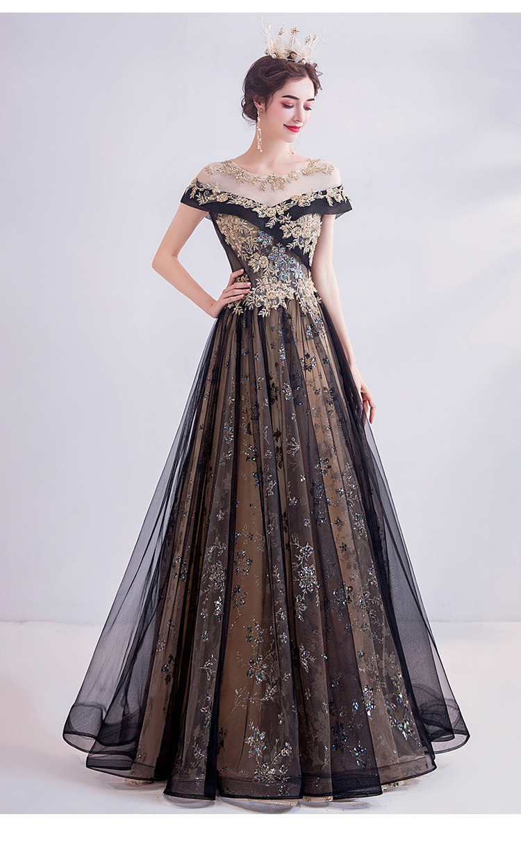 重手工大码礼服女2020新款高贵黑色金钻璀璨宴会公司年会演出主持人