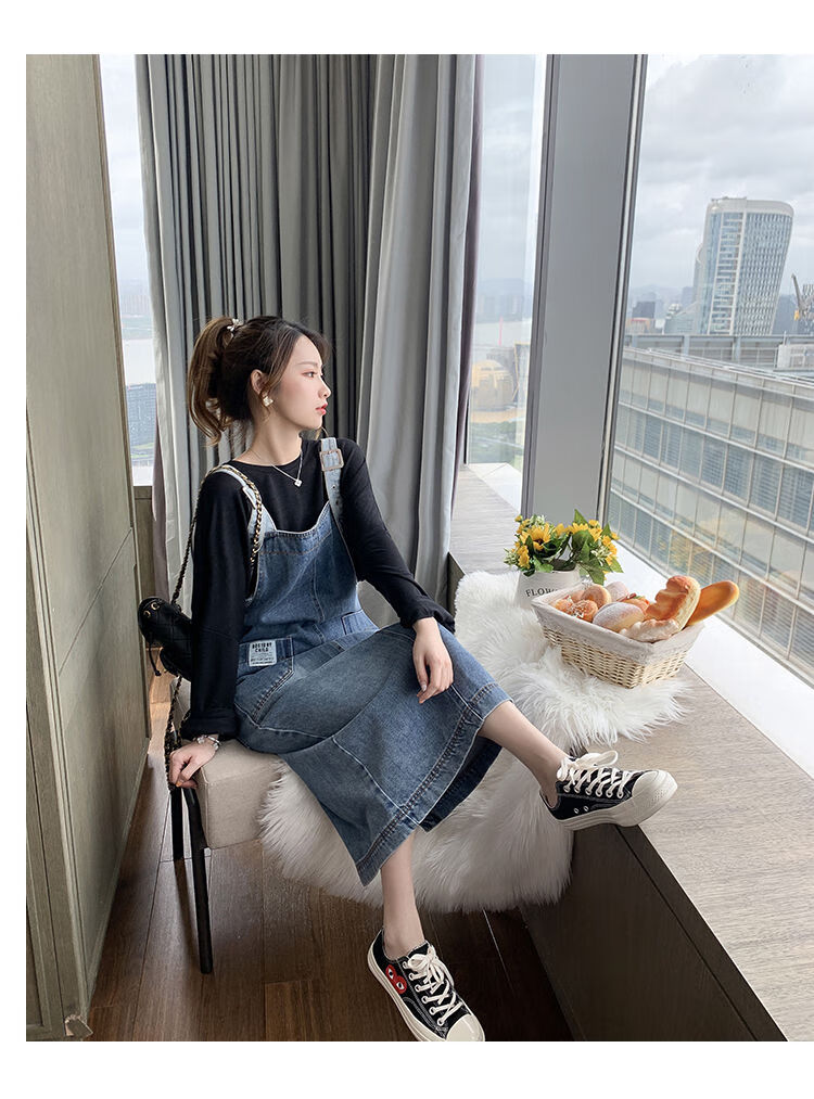 夏季2022年新款学生韩版宽松牛仔裙流行过膝连衣裙女单件蓝色背带裙s