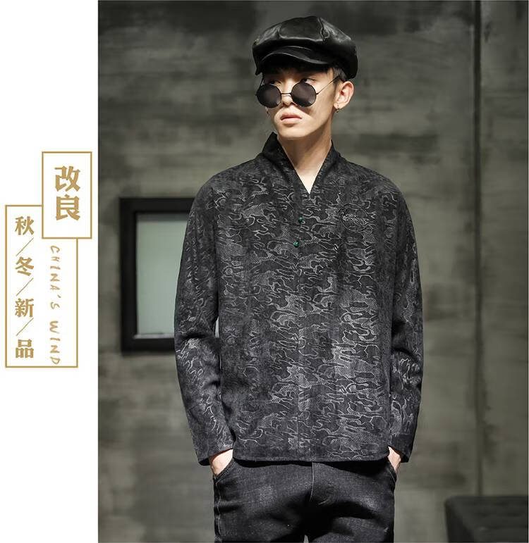 新款男装衬衫提花打底衫中式男士男式复古中国风唐装褂子黑色4xl185