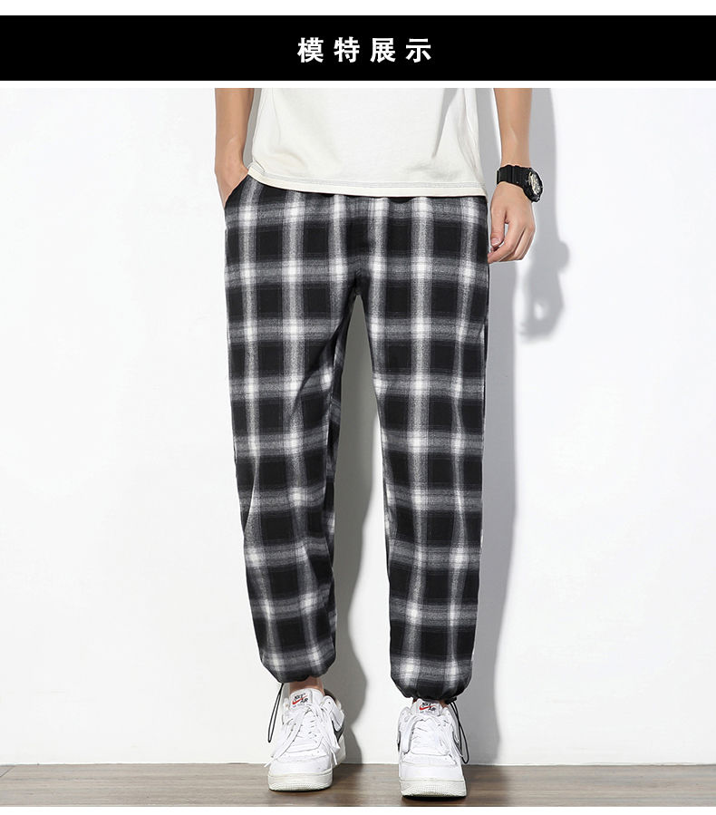 黑白格子裤男日系格格裤子直筒宽松束脚网红休闲九分男裤夏季白色格子