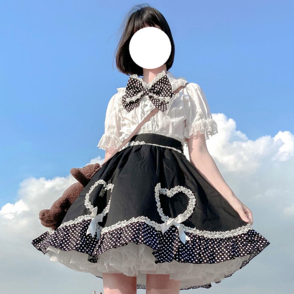 中大童穿的lolita内搭娃娃领蕾丝荷叶边泡泡袖洛丽塔短袖衬衫白色上衣