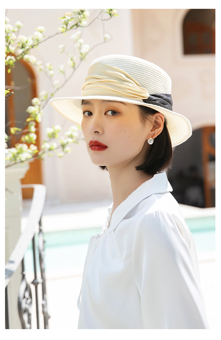 玛芮百利mauropoli遮阳帽女夏季新款法式平顶礼帽时尚平檐防晒帽女士