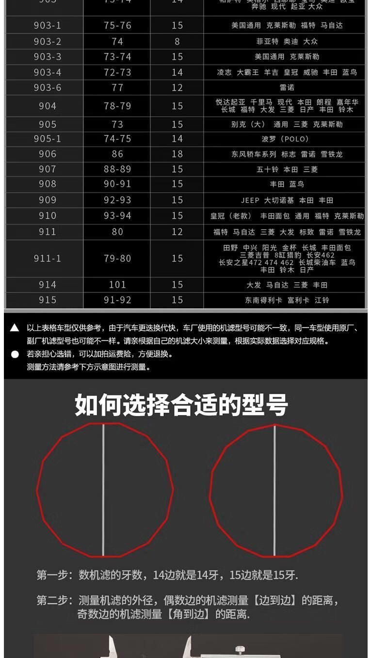 帽式机滤扳手对照表图片