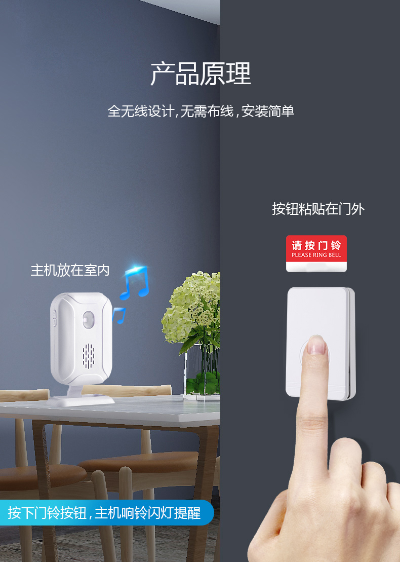 门铃无线家用免插电门铃电池款远距离一拖二电子门玲老人呼叫器1响铃1