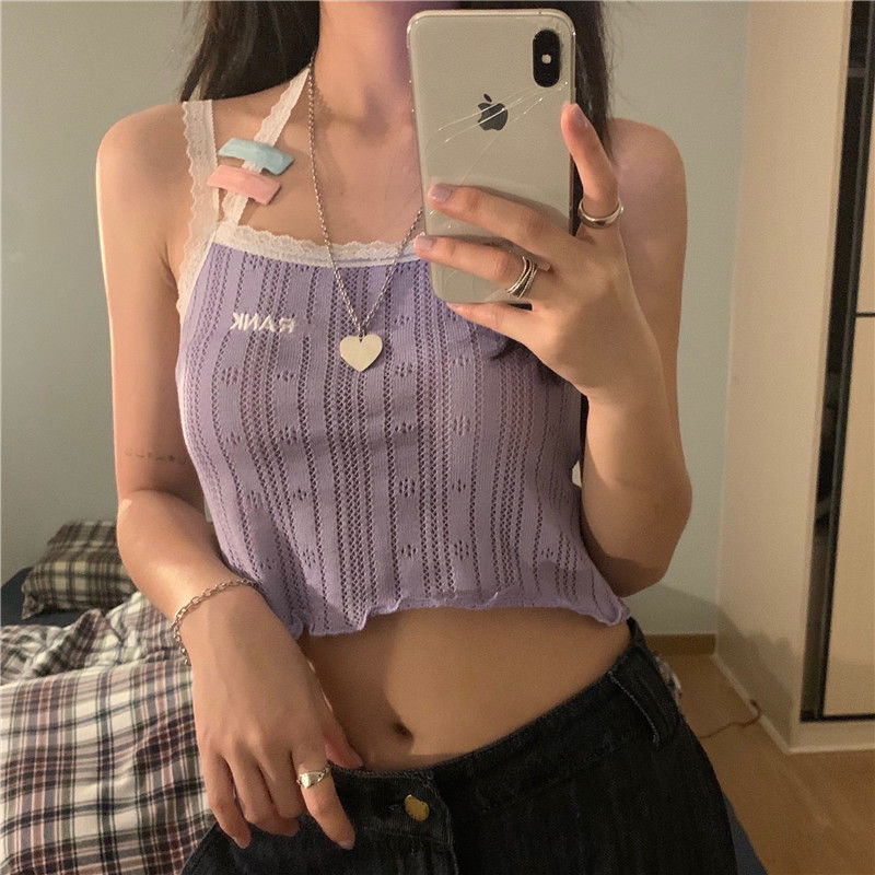 园洁蕾丝挂脖外穿小吊带女春季短款露脐内搭打底衫