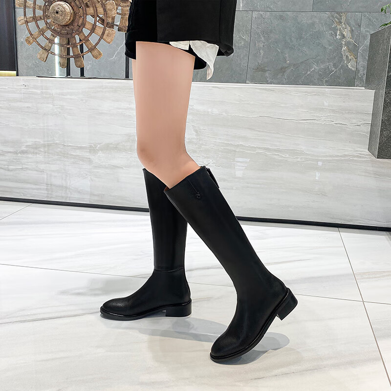 易晨欧美风 时尚新款圆头侧拉链长筒平底纯色骑士靴长靴 黑色 37