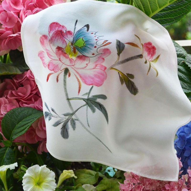 新品手绢女中国画手绘双绉手帕复古风手绢女士随身意境梅花